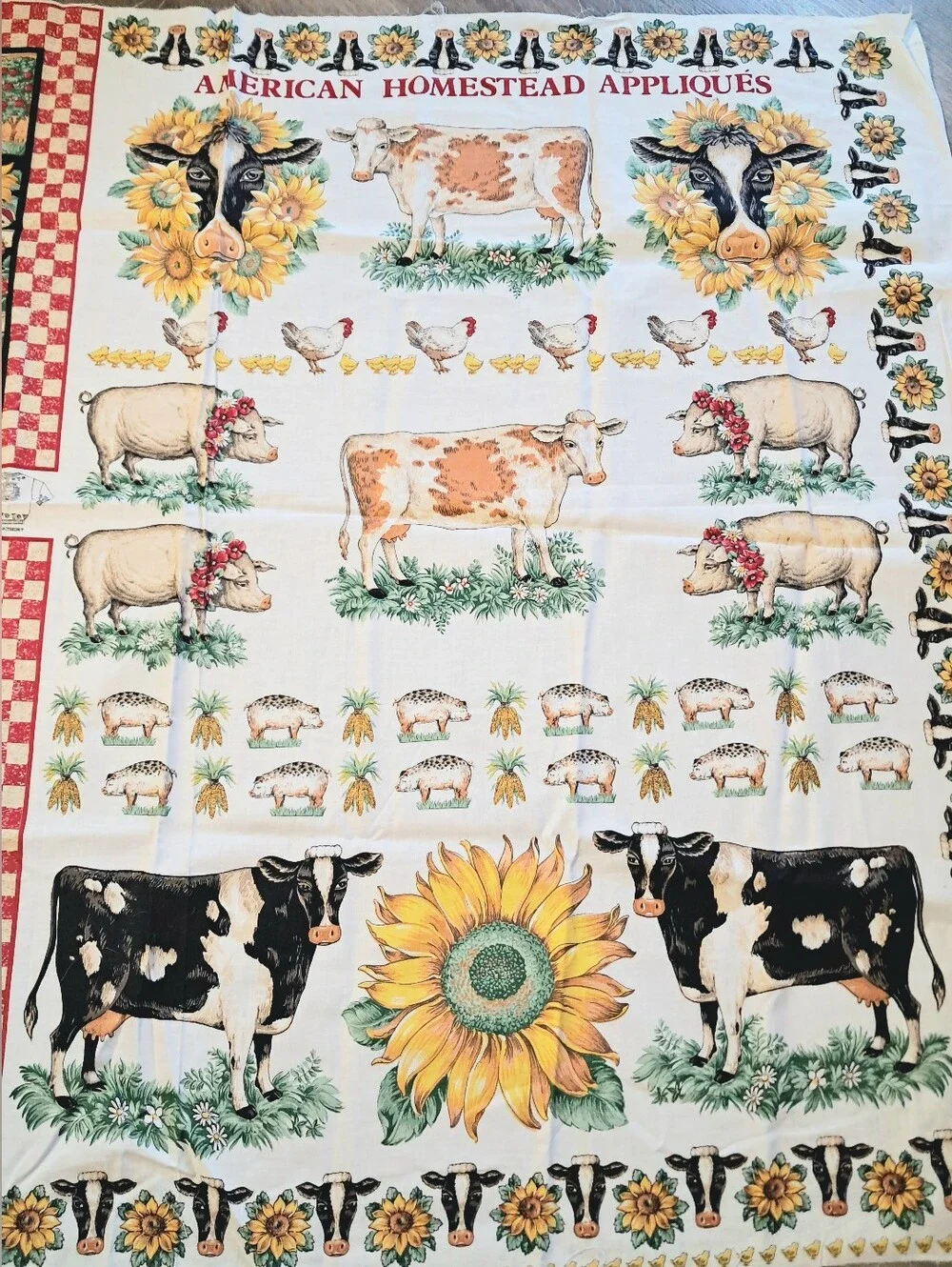 Vintage Fabric Panel & Matching Scraps American Homestead Applique Farm Cow Pigs